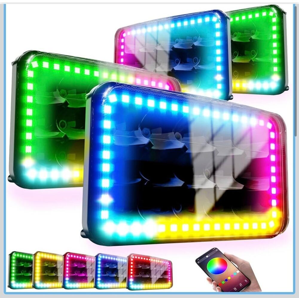 NEW ROLINGER 4PC Plug and Play Sealed Beam 4X6 LED Lights with RGB Halo Function